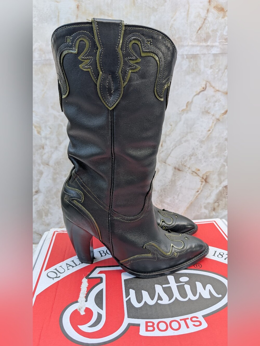 Justin Boots Leather Western Cowboy Boots BLACK SONORA W/LIZARD GREEN 7.5 M.